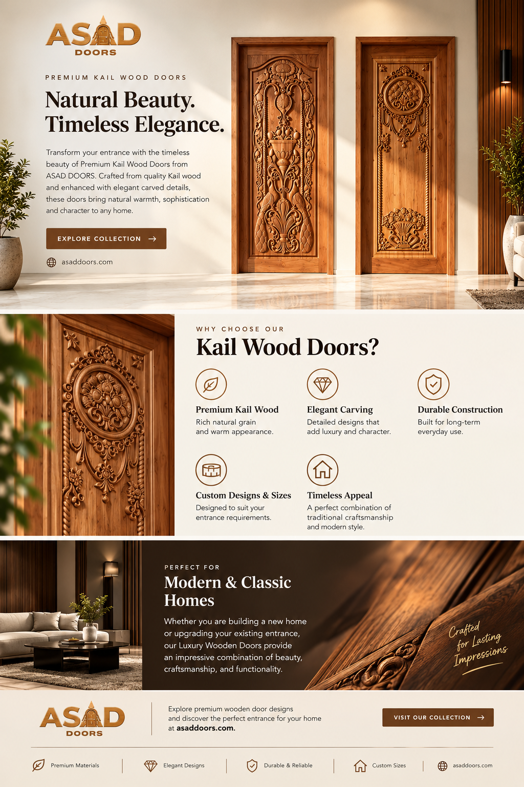 Premium Kail wood doors with elegantly carved details, showcasing timeless craftsmanship and luxurious design for both modern and classic interiors.