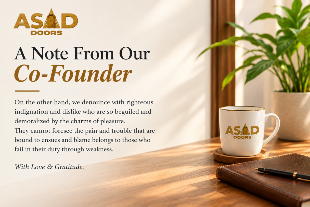 A warm and elegant ASAD DOORS co-founder message featuring the golden ASAD DOORS logo, a heartfelt note of gratitude, and a cozy wooden desk with a branded coffee mug, leather journal, pen, and green plant in soft natural light.
